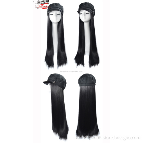 Hot sell Navy hat wig cap fashion girl black straight wig cap Long straight hair hat wig long straight hair